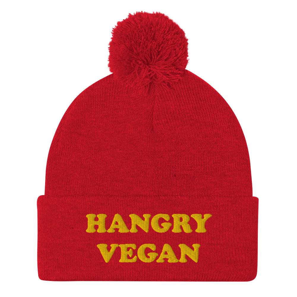 Are you a hangry vegan? This hangry vegan beanie is a unique vegan foodie beanie hat with a yellow embroidery. The hangry hat is a funny gift for vegans and plant based foodies. Shop funny animal lover beanies, foodie clothing, vegan graphic t-shirts, garlic hats and more. 