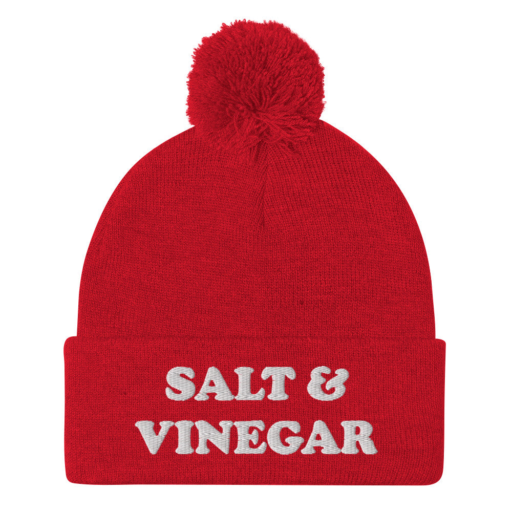 Red and white salt and vinegar beanie hat. Everyone knows salt & vinegar chips are the superior chips. Stay funky in this salt and vinegar beanie. It's a funny beanie for foodies and salt and vinegar enthusiasts. Celebrate your favorite flavor chips and wear this funny food hat or give it as a weird gift. This salt and vinegar beanie hat is exactly what you need.