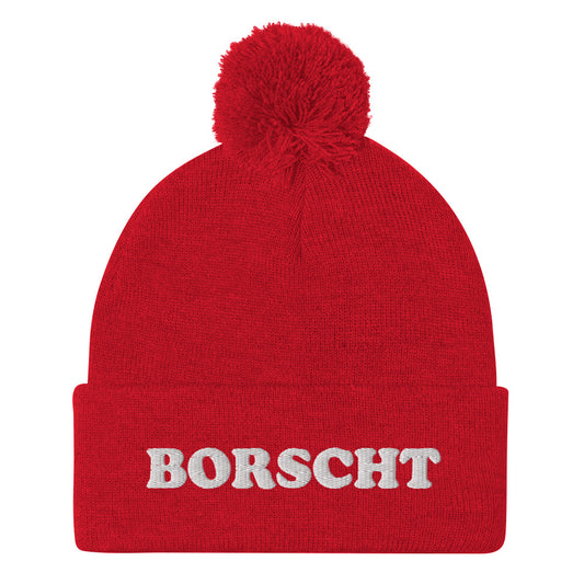 Red borscht beanie with white embroidery - Our unique borscht beanie hat is cozy and comfortable with a classic pom pom on top. It's a unique beanie with a weird design and it's just what every borscht lover needs. This borscht hat is a funny foodie beanie that celebrates a classic North Asian and Eastern European sour soup. Now you can eat borscht in style.