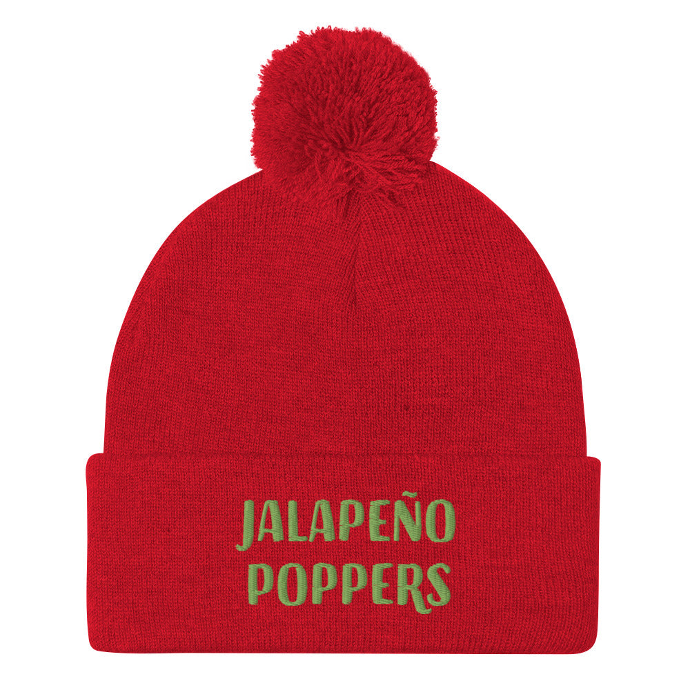 Red jalapeno poppers beanie for spicy foodies - Funky foodie Jalapeño poppers hat. Stay warm in style with this jalapeño popper lover beanie. It's a cozy and funny beanie for foodies with a classic pom pom on top. If you love jalapeño poppers, this embroidered hat was made just for you. It's a unisex beanie, offered in multiple colors with a unique embroidery.