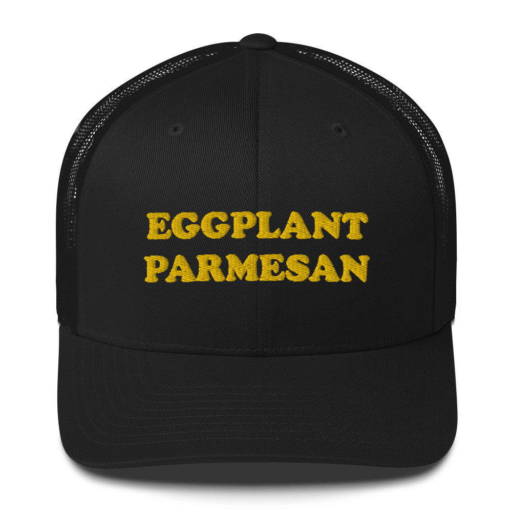 Black - Weird hat for eggplant parmasan enthusiasts - This Eggplant Parmesan Trucker Hat features a unique design with a food lover embroidery that any foodie is sure to love. Inspired by the classic Italian dish, this unisex trucker hat is perfect for anyone looking for a funny gift for eggplant parmasan lovers. Celebrate your favorite foods in our funky foodie apparel.