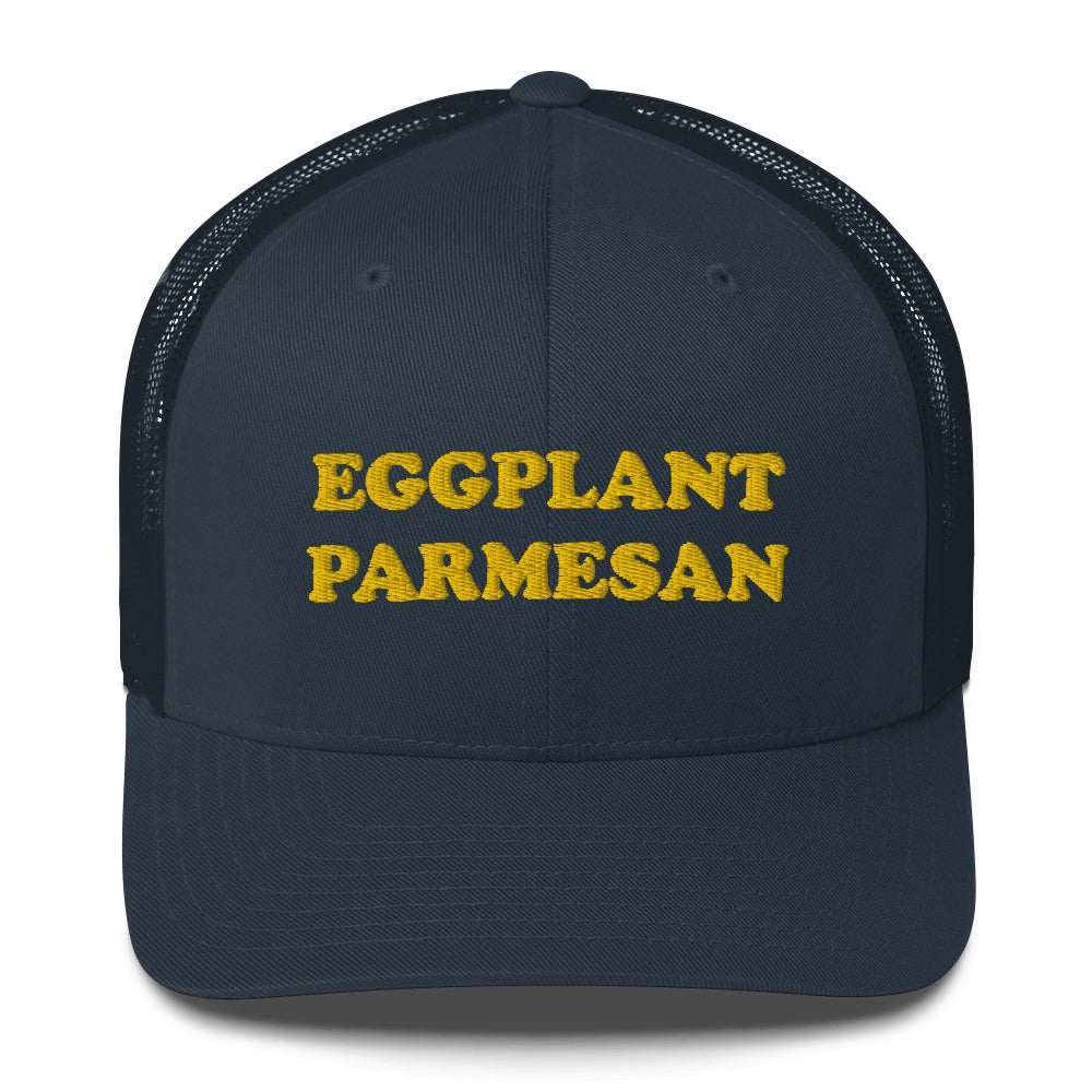 Navy blue eggplant parmesan lover trucker hat - This Eggplant Parmesan Trucker Hat features a unique design with a food lover embroidery that any foodie is sure to love. Inspired by the classic Italian dish, this unisex trucker hat is perfect for anyone looking for a funny gift for eggplant parmasan lovers. Celebrate your favorite foods in our funky foodie apparel.