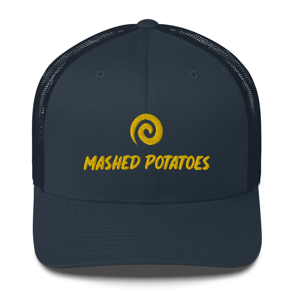 Funny mashed potato foodie trucker hat in navy blue - Eat mashed potatoes in style with this funny foodie hat. It's a classic unisex trucker hat for everyday that's embroidered just for you. If you love mashed potatoes, wear this weird hat and make a statement.. Celebrate your favorite foods or give this foodie hat as a gift to the mashed potato enthusiast in your life. 