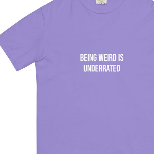 Being weird is underrated funny violet shirt - Weird and proud purple tshirt - This Weird is Underrated T-shirt is a funky, colorful tshirt with a message. The heavyweight cotton tshirt encourages self-expression and being different. Stay weird and show the world that being different is something to be embraced and celebrated. It's a unique streetwear everyday t-shirt and cute gift for weird friends.