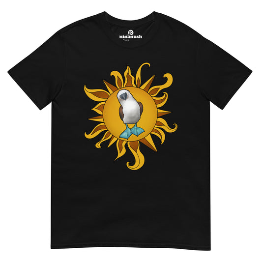 Original blue-footed booby shirt with trippy yellow and orange sun. This colorful blue-footed booby and trippy sun t-shirt is hand drawn and totally unique. The blue-footed booby graphic t-shirt is a funny and funky design only available in our small online shop. It's a perfect unique gift for animal lovers and everyone else.