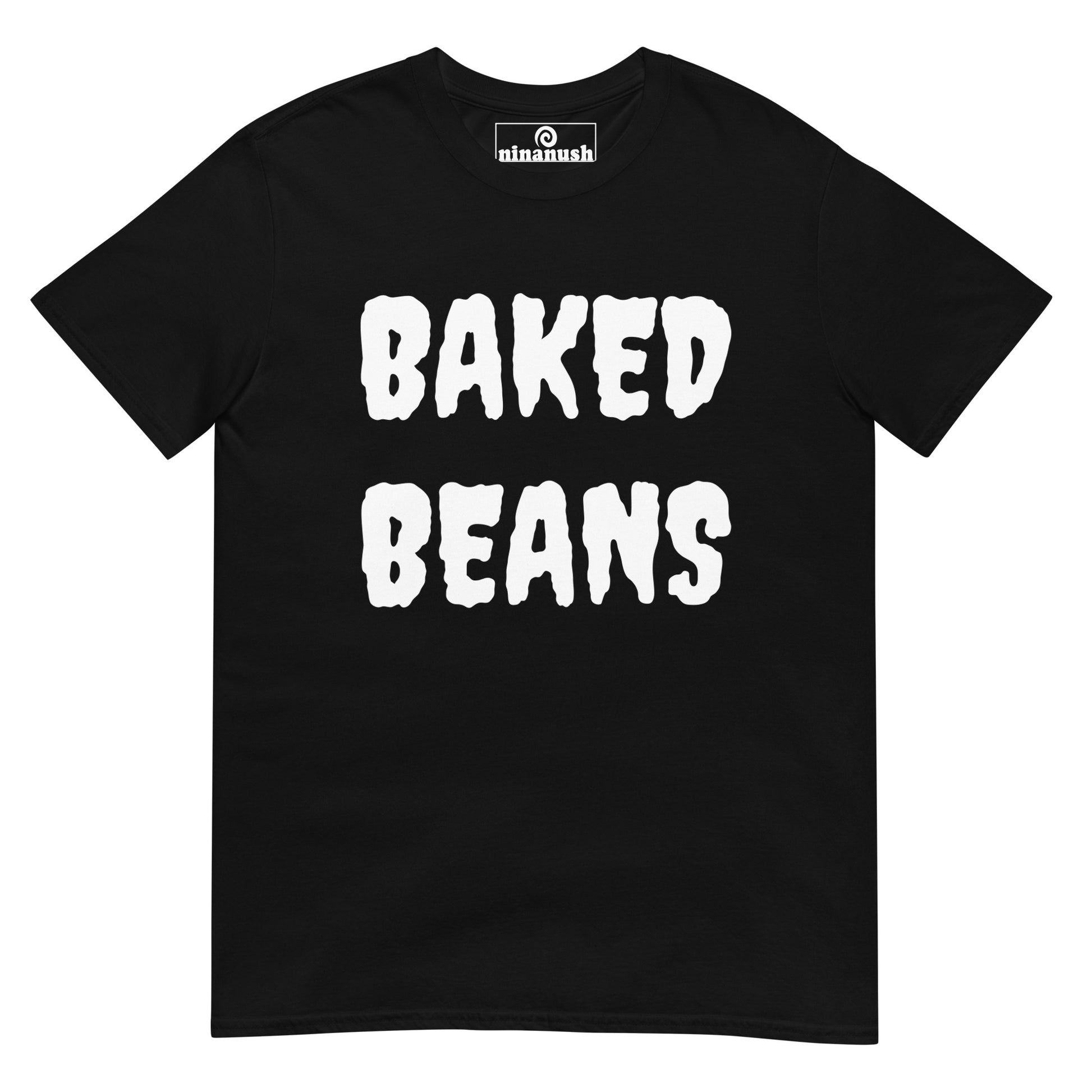 Black baked beans t-shirt from Nina's Funky Shop by ninanush - BAKED BEANS 🔥 Our Baked Beans Shirt is soft, comfortable and a funny food shirt for everyday. It's a classic cotton t-shirt for foodies with "Baked Beans", expertly printed on the front. Stand out and eat your favorite beans in this spooky t-shirt. The perfect shirt for baked bean enthusiasts and foodies of all kinds.