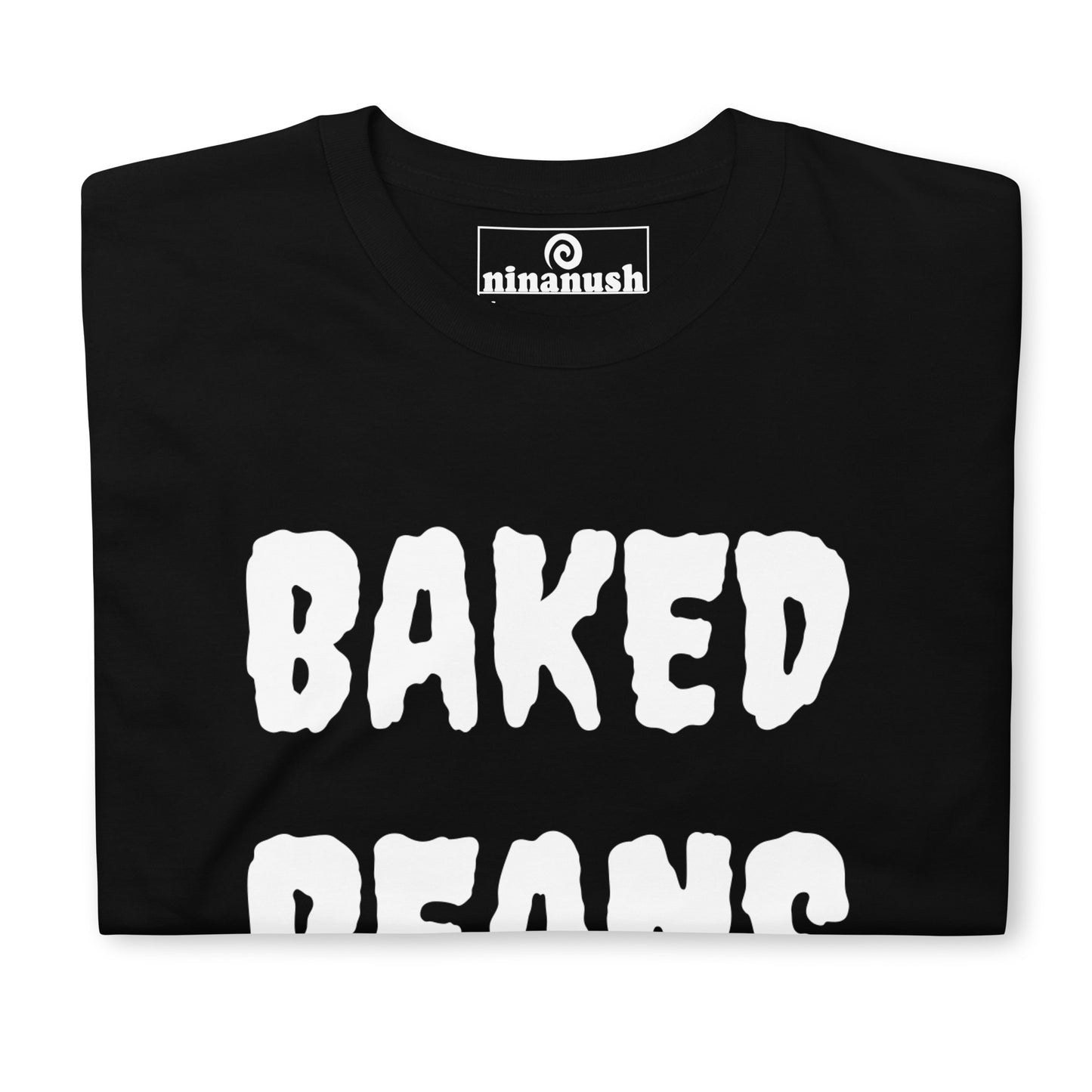 Black baked beans t-shirt from Nina's Funky Shop by ninanush - BAKED BEANS 🔥 Our Baked Beans Shirt is soft, comfortable and a funny food shirt for everyday. It's a classic cotton t-shirt for foodies with "Baked Beans", expertly printed on the front. Stand out and eat your favorite beans in this spooky t-shirt. The perfect shirt for baked bean enthusiasts and foodies of all kinds.