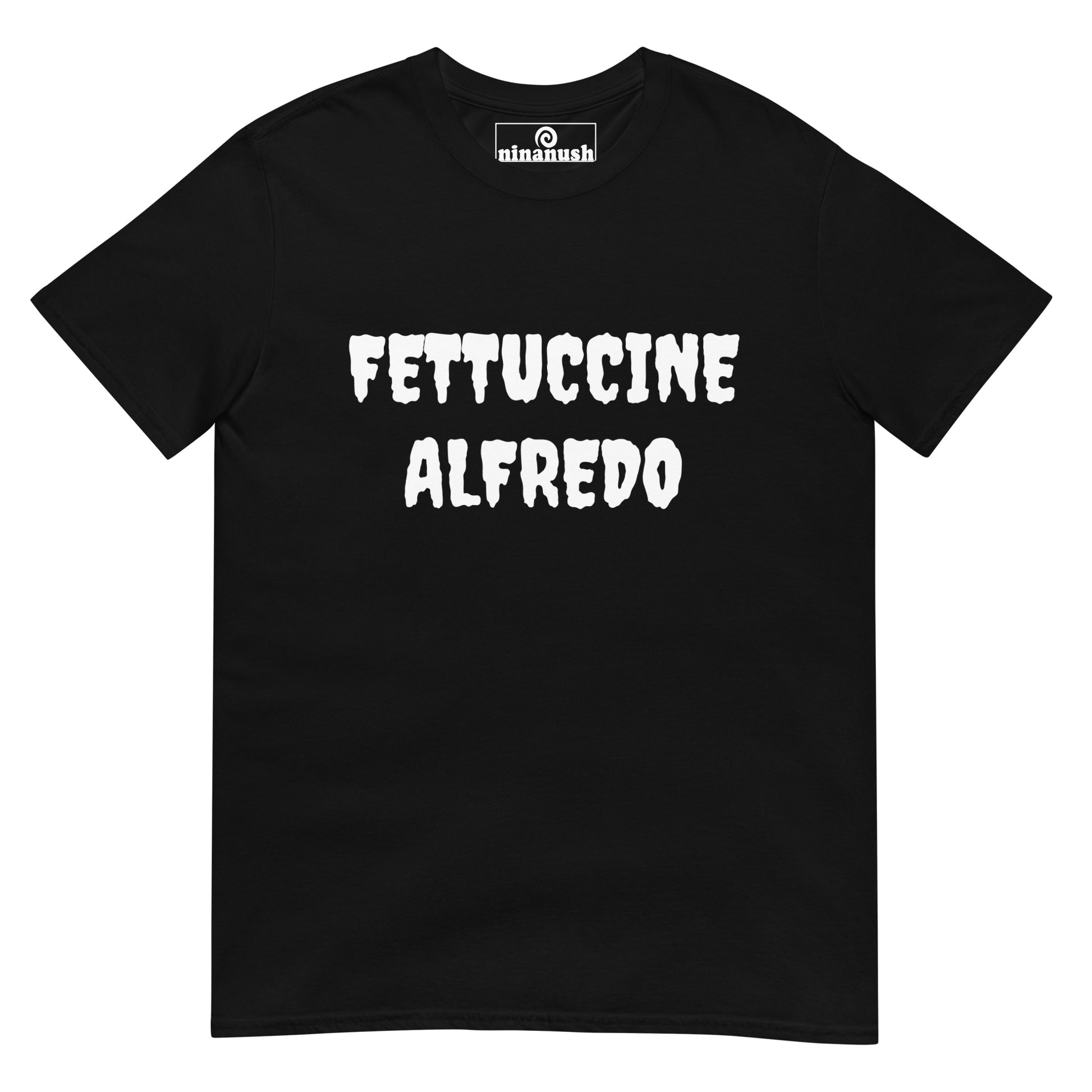 Black and white fettuccine Alfredo t-shirt - This fettuccine Alfredo lover t-shirt is soft, comfortable, and just a little weird. It's a funny food t-shirt that's a must-have shirt for foodies and fettuccine Alfredo enthusiasts. Eat fettuccine Alfredo in style or give it as a weird gift for food lovers. Celebrate your favorite foods in our funky foodie clothing. 