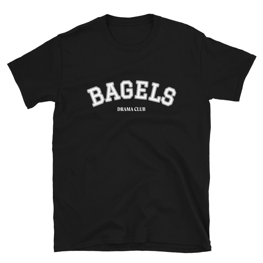 Black bagels drama club t-shirt for foodies - Dramatic about bagels? This funny bagel t-shirt is made just for you. Eat bagels and look cute too in this unique bagel lover tee. It's a soft, comfortable, weird bagel t-shirt with a trendy college style bagel graphic. If you're crazy about bagels wear this foodie t-shirt or give it as a gift for a crazy bagel lover.