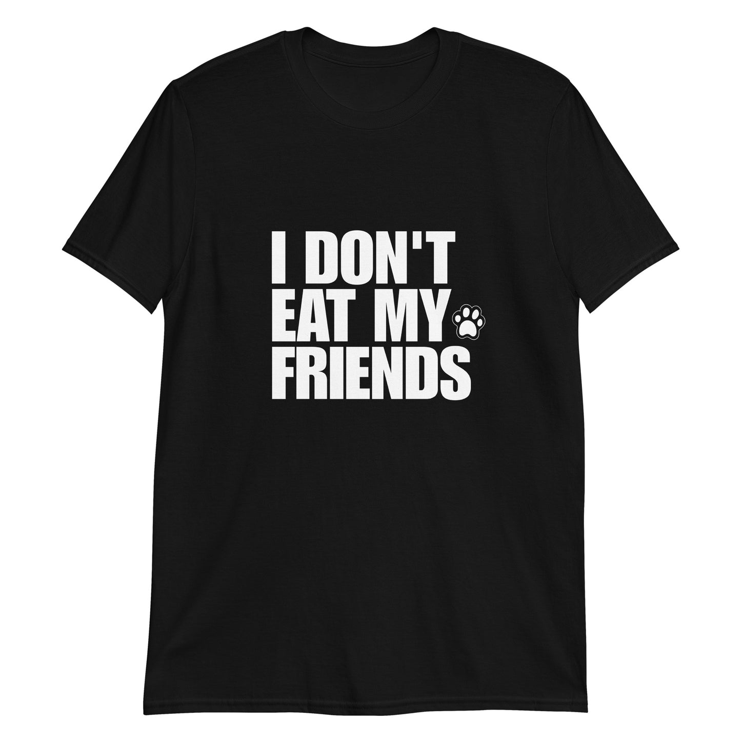 Black I don't eat my friends vegan message t-shirt - I don't eat my friends t-shirt for vegans and vegetarians of all kinds. This soft and comfortable cotton tee is just what every true animal lover needs. Be kind to all kinds and eat your favorite plant based foods in a unique vegan t-shirt with a meaningful vegan message or give it as a gift to a plant based babe. 