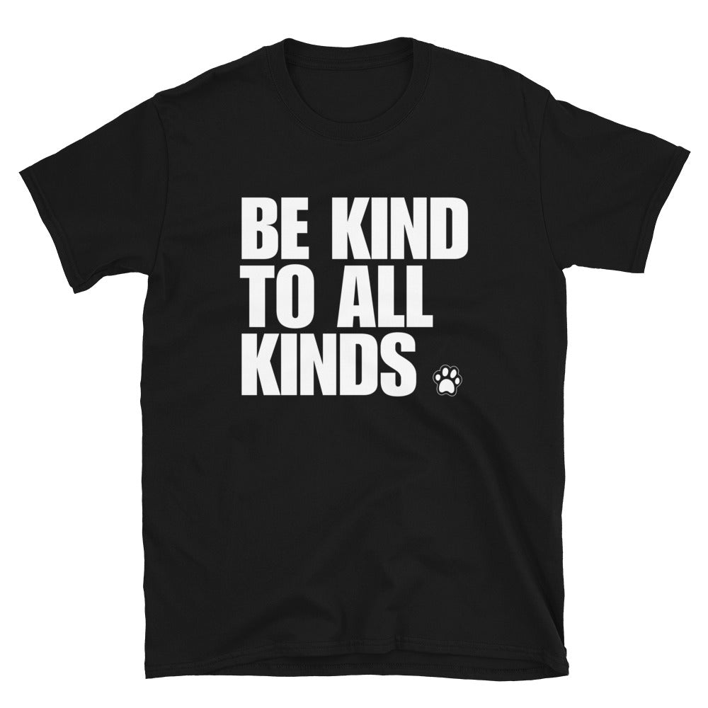 Black t-shirt for animal lovers - Be kind to all kinds vegan foodie saying t-shirt. A soft and comfortable classic t-shirt with a meaningful vegan message. If you're vegan for the animals, this animal activist t-shirt is made just for you. Wear this be kind to all kinds tee around town or give it as a unique gift to your favorite vegan for the animals. 