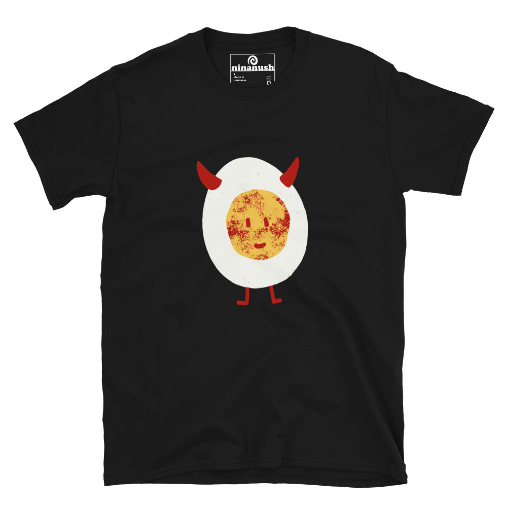 Black deviled egg t-shirt for foodies - This cute deviled egg t-shirt is a funny foodie t-shirt with a funky design for deviled egg lovers. Eat deviled eggs in style in this cute food cartoon graphic tee. It's a colorful, weird t-shirt and the perfect funny gift for foodies and egg lovers. Celebrate your favorite foods in our funky foodie clothing and accessories.