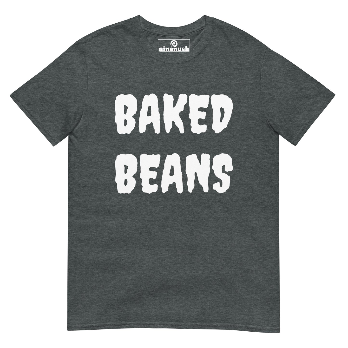 Gray baked beans t-shirt from Nina's Funky Shop by ninanush - BAKED BEANS 🔥 Our Baked Beans Shirt is soft, comfortable and a funny food shirt for everyday. It's a classic cotton t-shirt for foodies with "Baked Beans", expertly printed on the front. Stand out and eat your favorite beans in this spooky t-shirt. The perfect shirt for baked bean enthusiasts and foodies of all kinds. 