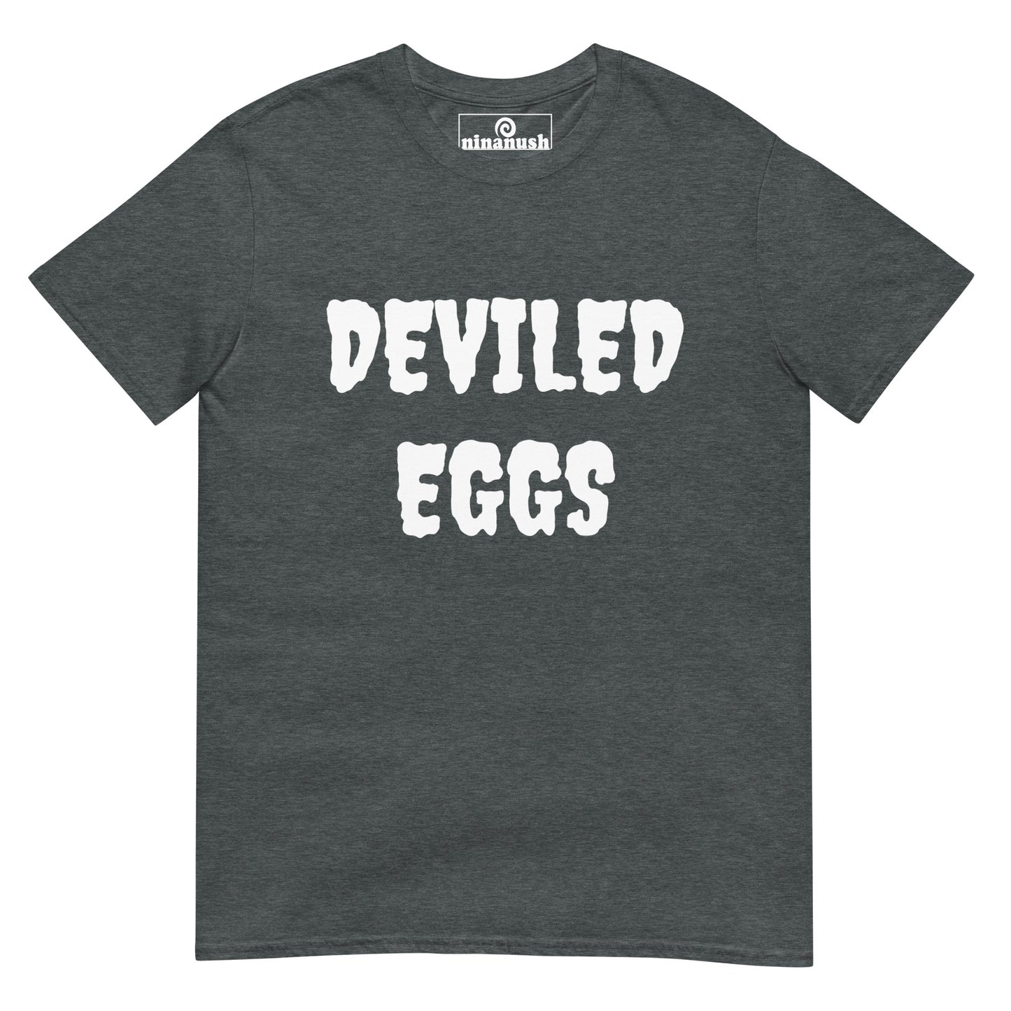 Gray deviled eggs t-shirt - Eat your favorite deviled eggs in style with this this weird foodie t-shirt. The funky deviled eggs lover t-shirt is soft, comfortable, and just a little weird. It's a funny t-shirt for foodies and deviled egg enthusiasts. Stay weird, wear what makes you smile, & celebrate your favorite foods in our funky foodie clothing. 