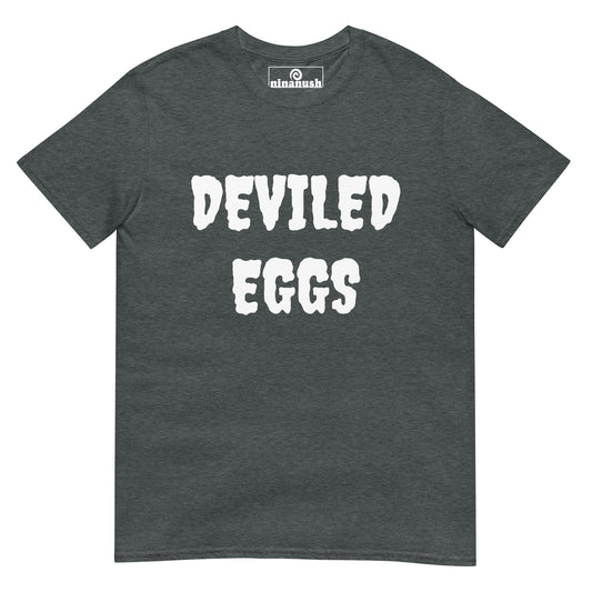 Gray deviled eggs t-shirt - Eat your favorite deviled eggs in style with this this weird foodie t-shirt. The funky deviled eggs lover t-shirt is soft, comfortable, and just a little weird. It's a funny t-shirt for foodies and deviled egg enthusiasts. Stay weird, wear what makes you smile, & celebrate your favorite foods in our funky foodie clothing. 