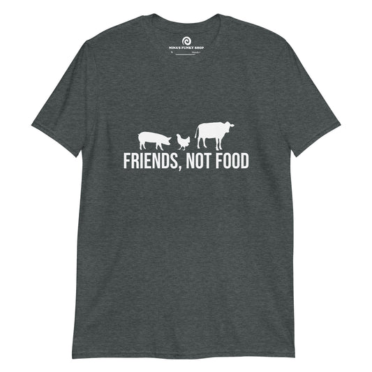 Gray friends, not food t-shirt for vegans for the animals - Animals are friends, not food. This ethical vegan t-shirt is a soft and comfortable tee with a meaningful vegan quote. It's an eco friendly t-shirt and a unique gift for for ethical vegans and vegetarians. If you are vegan for the animals, this t-shirt is just what you need. Stay kind and stand up for our silent friends.