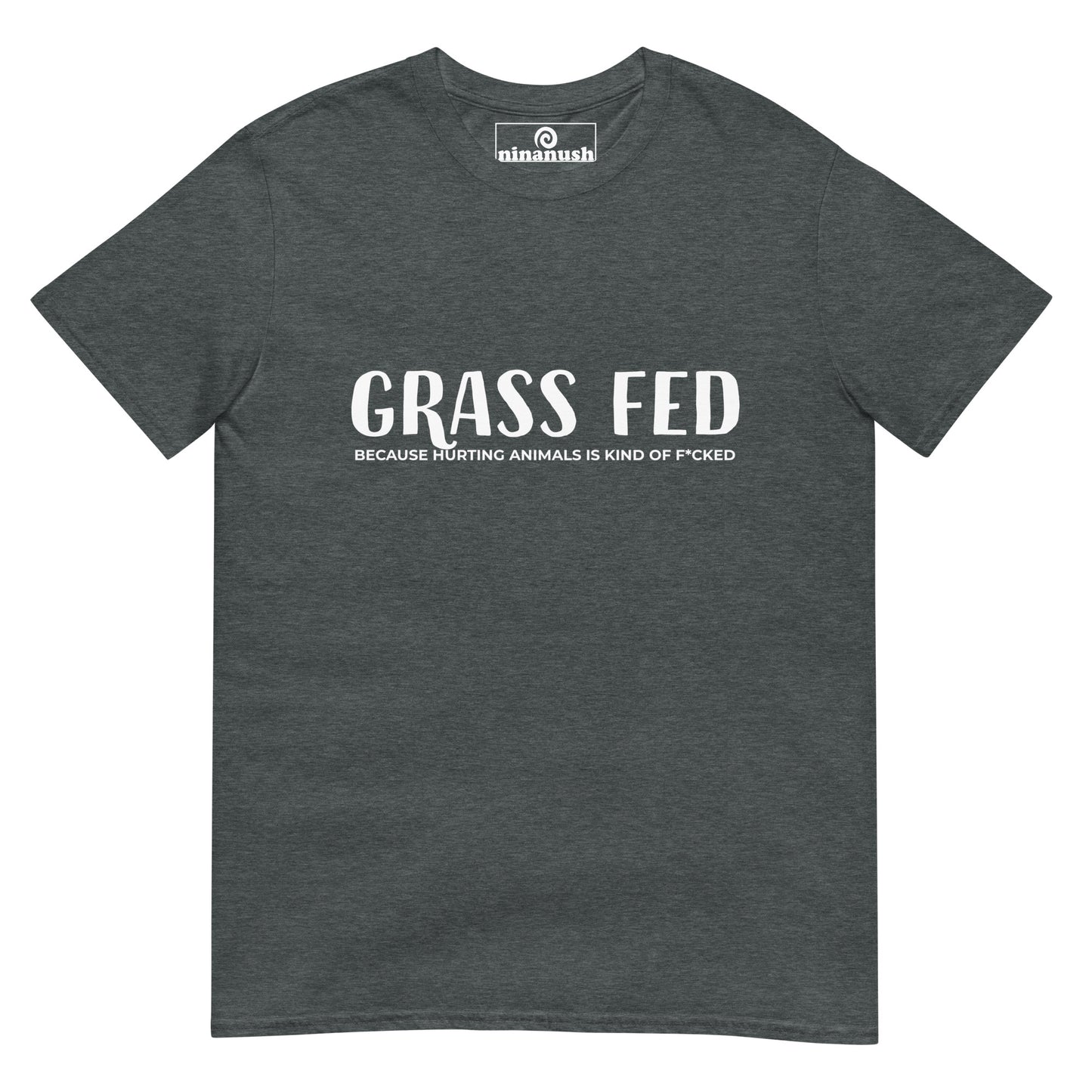 Gray vegan for the animals grass fed t-shirt - Funny vegan activist t-shirt for vegan foodies who love animals. This ethical vegan t-shirt is just what every plant based foodie needs. It's a classic t-shirt with a funny vegan saying that's meaningful too. Make a vegan statement in a unique vegan for the animals t-shirt or give it as a gift for ethical vegans. 