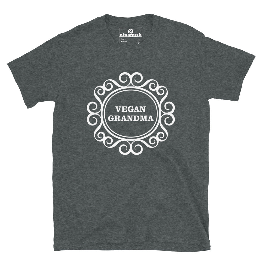 Dark gray funny vegan grandma t-shirt - This vegan grandpa t-shirt is the best funny shirt for vegans of all kinds. It's a soft and comfortable shirt your you or your grandpa. Make a statement in a weird vegan t-shirt. Wear it as vegan activist streetwear or give it as a funny gift for vegan friends or family. Made just for you and your vegan grandparents.