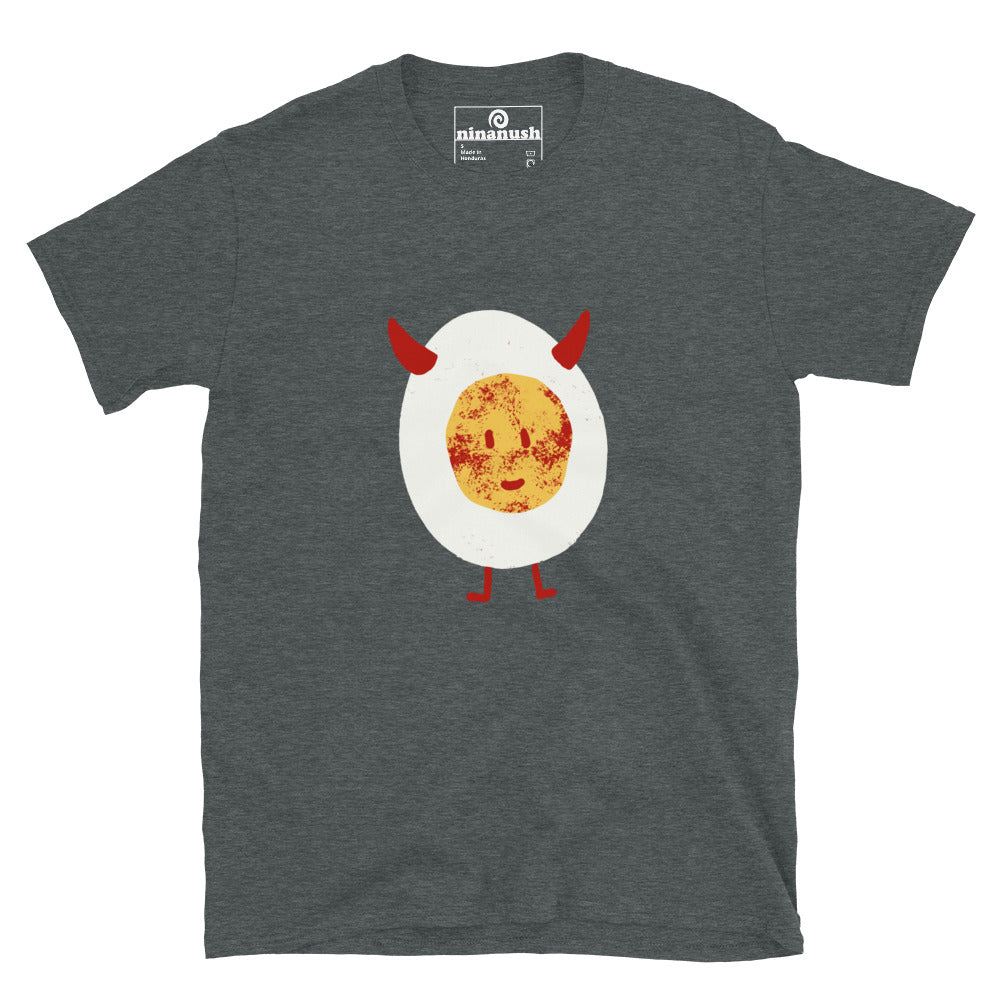 Dark gray egg t-shirt - This cute deviled egg t-shirt is a funny foodie t-shirt with a funky design for deviled egg lovers. Eat deviled eggs in style in this cute food cartoon graphic tee. It's a colorful, weird t-shirt and the perfect funny gift for foodies and egg lovers. Celebrate your favorite foods in our funky foodie clothing and accessories.