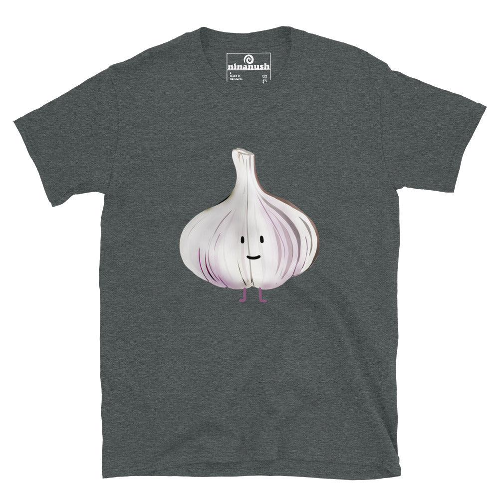 Gray cute garlic t-shirt for garlic lovers - This cute garlic head t-shirt is totally unique and made just for you. It's a funny foodie t-shirt with a funky design for garlic lovers. Eat garlic in style in this cute garlic graphic tee. It's a weird t-shirt and the perfect unique gift for garlic enthusiasts and foodies. Celebrate your favorite foods with ninanush.