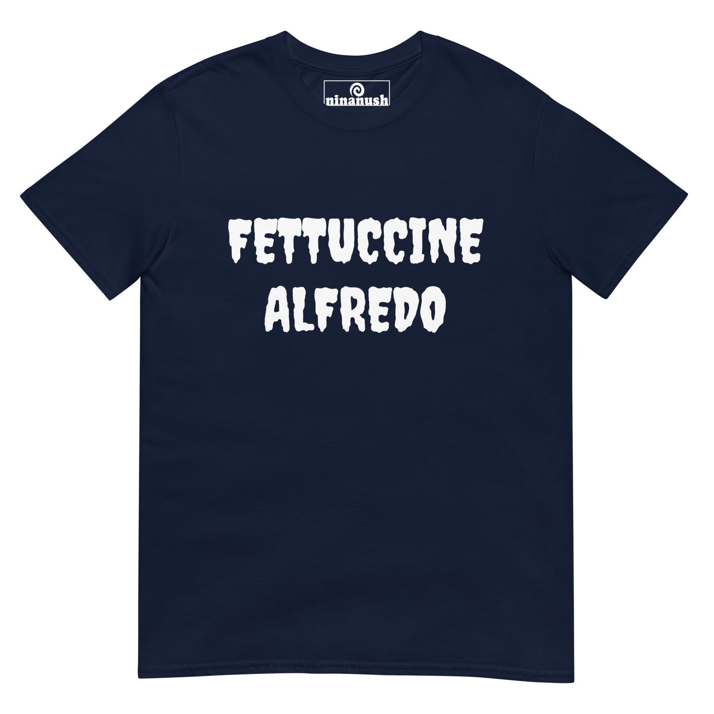 Navy blue fettuccine Alfredo foodie t-shirt - This fettuccine Alfredo lover t-shirt is soft, comfortable, and just a little weird. It's a funny food t-shirt that's a must-have shirt for foodies and fettuccine Alfredo enthusiasts. Eat fettuccine Alfredo in style or give it as a weird gift for food lovers. Celebrate your favorite foods in our funky foodie clothing. 