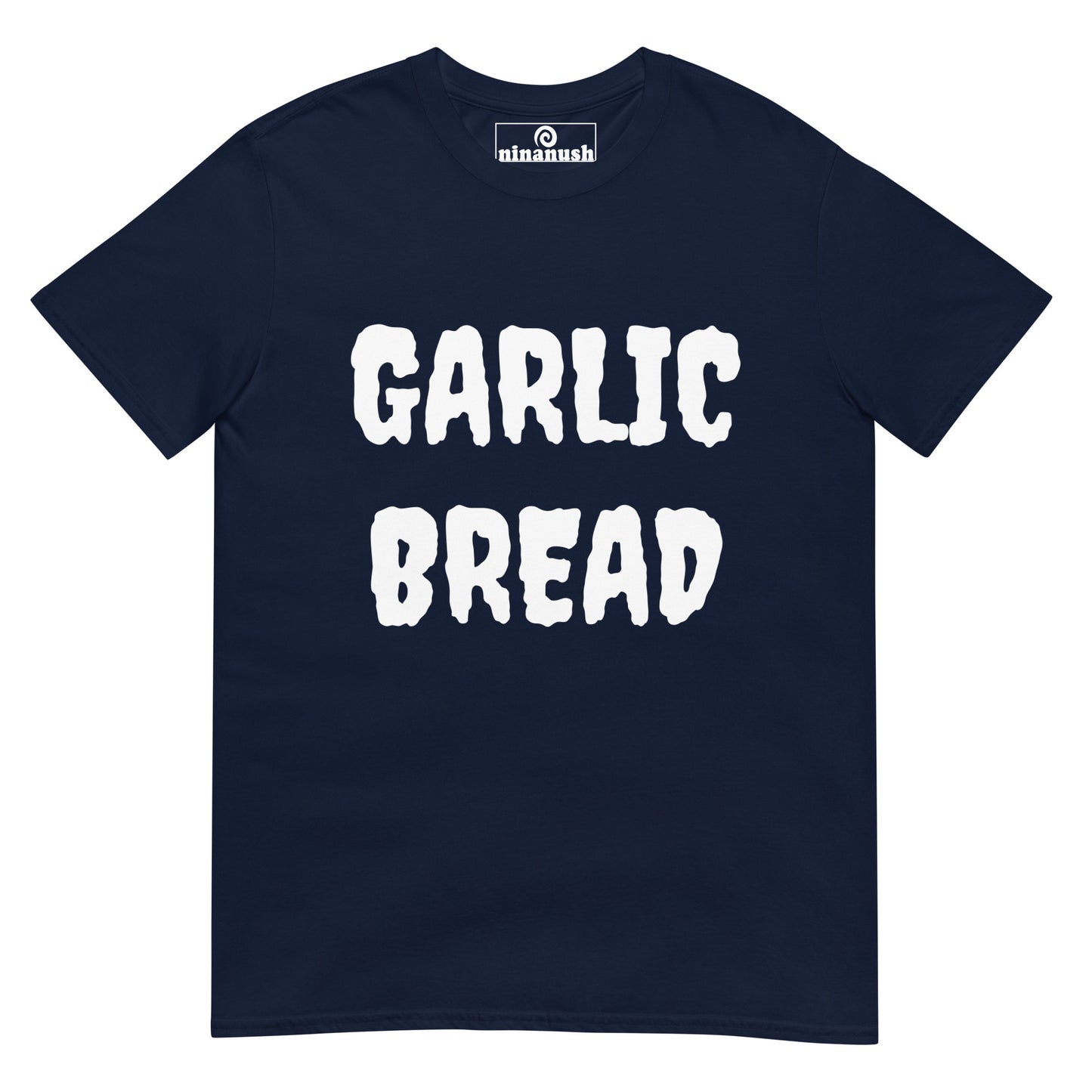 Navy blue garlic bread t-shirt for garlic lovers and garlic bread addicts - Garlic bread is good it's spooky. This garlic bread t-shirt is comfortable, weird and the perfect shirt for garlic lovers. It's a funny t-shirt for foodies and garlic bread enthusiasts. Eat garlic bread in style or give it as a funny gift for food lovers. Celebrate your favorite foods in our funky foodie clothing.