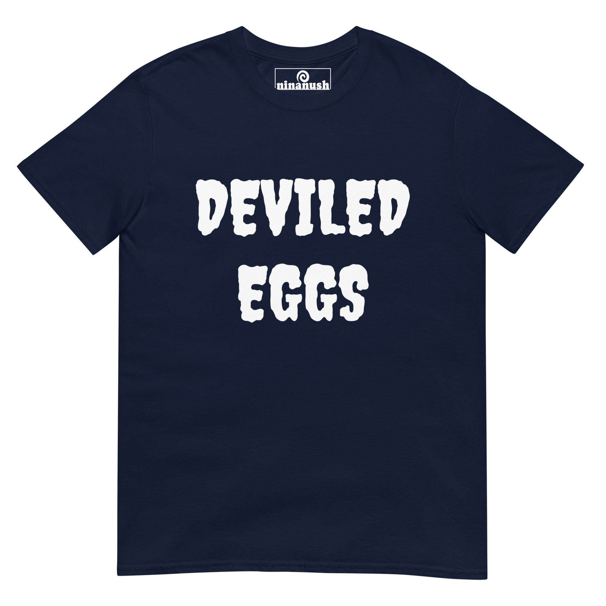 Navy blue spooky deviled eggs t-shirt for foodies - Eat your favorite deviled eggs in style with this this weird foodie t-shirt. The funky deviled eggs lover t-shirt is soft, comfortable, and just a little weird. It's a funny t-shirt for foodies and deviled egg enthusiasts. Stay weird, wear what makes you smile, & celebrate your favorite foods in our funky foodie clothing. 