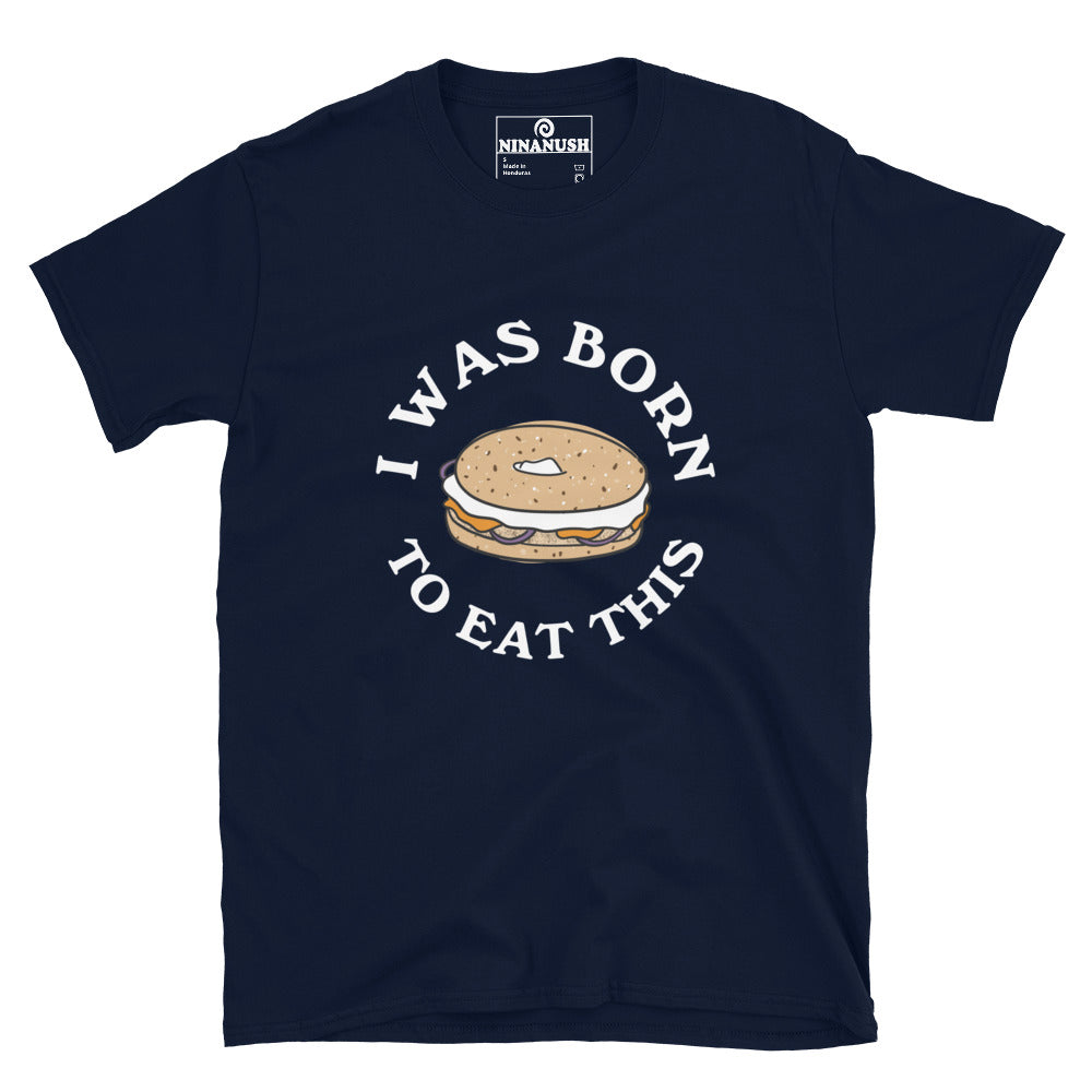 Navy blue bagel t-shirt for bagel lovers - Born to eat bagels! This bagel lover T-shirt is soft and comfortable with a unique everything bagel design. A perfect funny shirt for foodies. It's a must-have graphic t-shirt for the bagel babe in your life. Give it as a funny gift for foodies or your favorite bagel enthusiasts. Eat your next bagel in style.