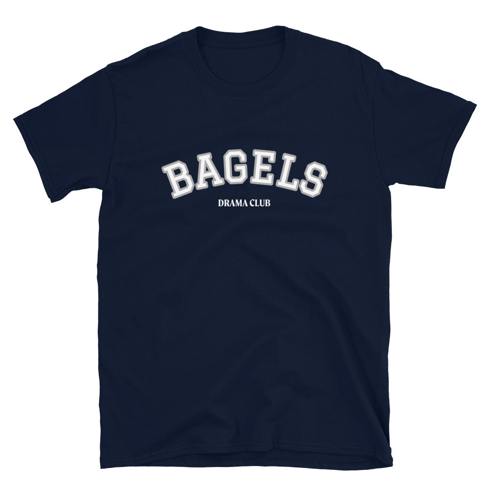 Navy blue bagel drama club t-shirt for crazy foodies and bagel enthusiasts - Dramatic about bagels? This funny bagel t-shirt is made just for you. Eat bagels and look cute too in this unique bagel lover tee. It's a soft, comfortable, weird bagel t-shirt with a trendy college style bagel graphic. If you're crazy about bagels wear this foodie t-shirt or give it as a gift for a crazy bagel lover.