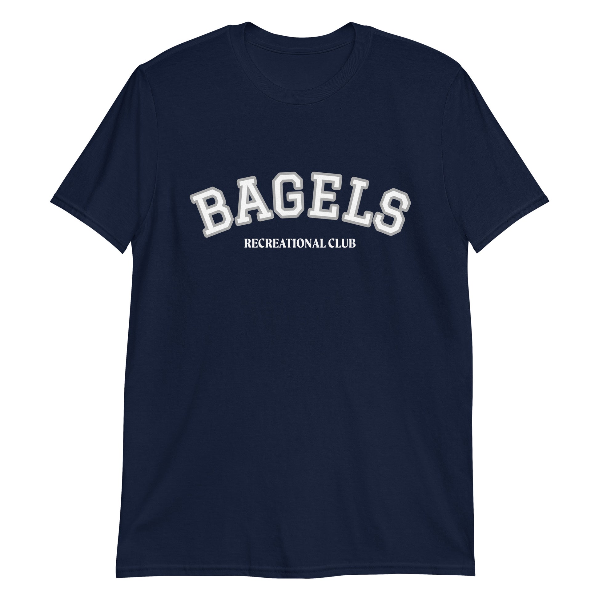 Navy blue funny recreation club t-shirt for bagel lovers and foodies - Join the bagel club! This bagels recreational club t-shirt is soft and comfortable with a trendy design. The perfect funny bagel shirt for bagel lovers and foodies. This unique bagel t-shirt is sure to make a statement. Eat a bagel in style or give it as a funny gift for foodies. Everyone wants to be in the bagel club. 