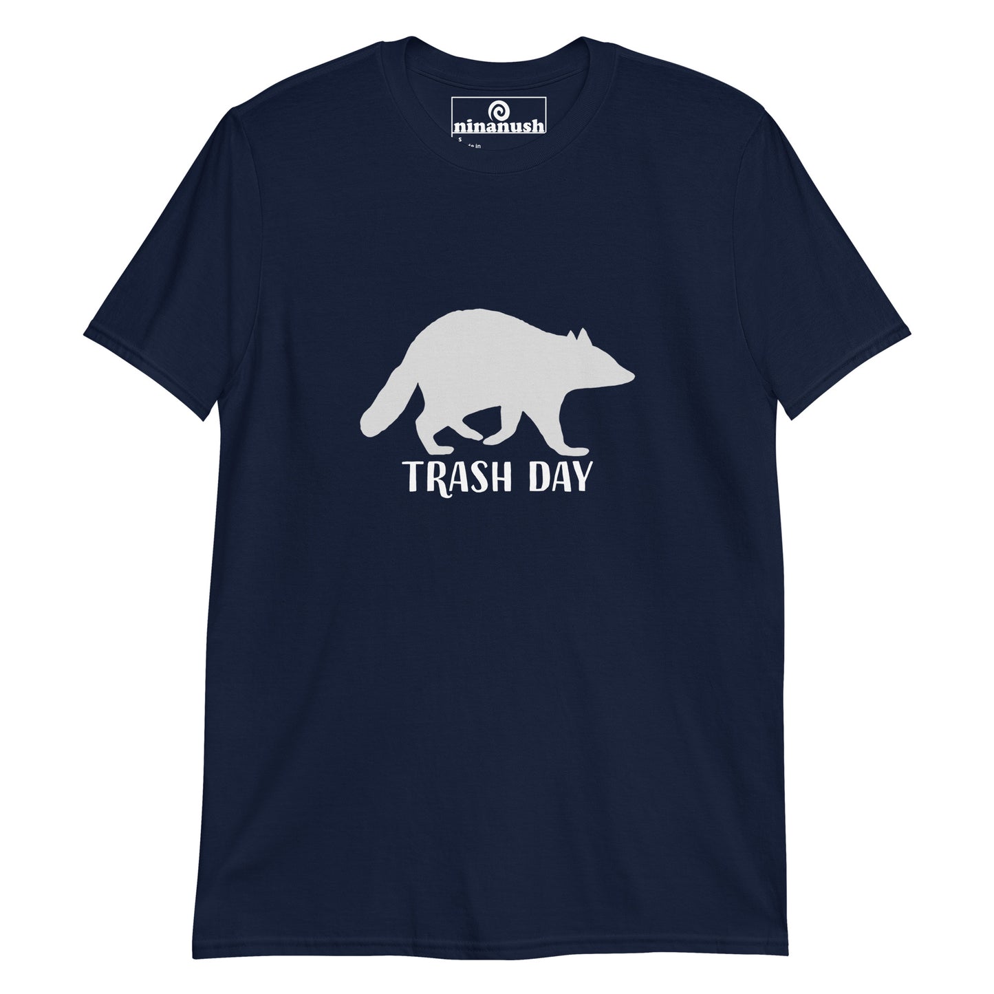 Navy blue raccoon t-shirt about trash - This unisex "trash day" funny raccoon t-shirt is soft, comfortable and made just for you. Its a unique raccoon lover graphic tee with a silhouette of a raccoon on it's favorite day. This raccoon saying t-shirt is cute, funny and just a little weird. A weird t-shirt for everyday and the best gift for raccoon lovers. 