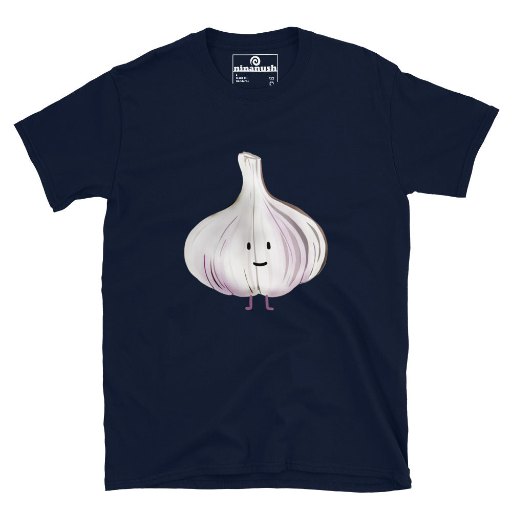 Navy blue garlic lover t-shirt - This cute garlic head t-shirt is totally unique and made just for you. It's a funny foodie t-shirt with a funky design for garlic lovers. Eat garlic in style in this cute garlic graphic tee. It's a weird t-shirt and the perfect unique gift for garlic enthusiasts and foodies. Celebrate your favorite foods with ninanush.