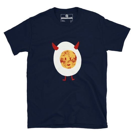 Navy blue cute devil t-shirt - This cute deviled egg t-shirt is a funny foodie t-shirt with a funky design for deviled egg lovers. Eat deviled eggs in style in this cute food cartoon graphic tee. It's a colorful, weird t-shirt and the perfect funny gift for foodies and egg lovers. Celebrate your favorite foods in our funky foodie clothing and accessories.