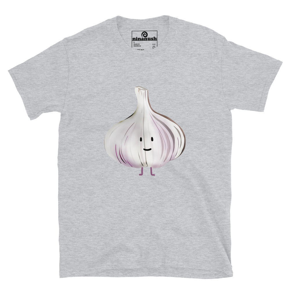 Light gray garlic lover t-shirt - This cute garlic head t-shirt is totally unique and made just for you. It's a funny foodie t-shirt with a funky design for garlic lovers. Eat garlic in style in this cute garlic graphic tee. It's a weird t-shirt and the perfect unique gift for garlic enthusiasts and foodies. Celebrate your favorite foods with ninanush.