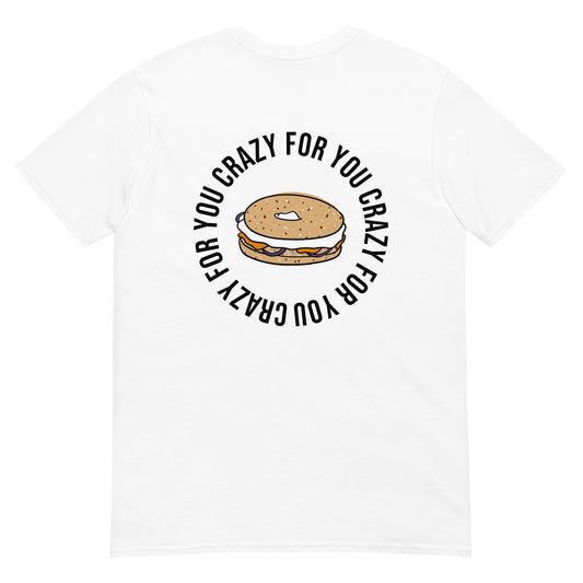 White everything bagel t-shirt, crazy about bagels unisex tee - Crazy for you bagel t-shirt for bagel enthusiasts. Eat bagels in this funny bagel lover t-shirt made just for you. It's a unique t-shirt with an everything bagel design. If you're crazy about bagels, eat your favorite bagels in style or give this tee as a funny gift for bagel lovers. Perfect for bagel babes, crazy bagel lovers or even your average foodie friend.