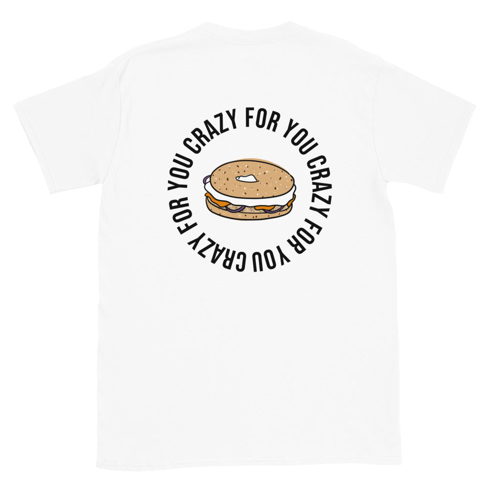 White t-shirt for bagel lovers, crazy about bagels unisex t-shirt, bagel with lox and creamcheese - Crazy for you bagel t-shirt for bagel enthusiasts. Eat bagels in this funny bagel lover t-shirt made just for you. It's a unique t-shirt with an everything bagel design. If you're crazy about bagels, eat your favorite bagels in style or give this tee as a funny gift for bagel lovers. Perfect for bagel babes, crazy bagel lovers or even your average foodie friend.