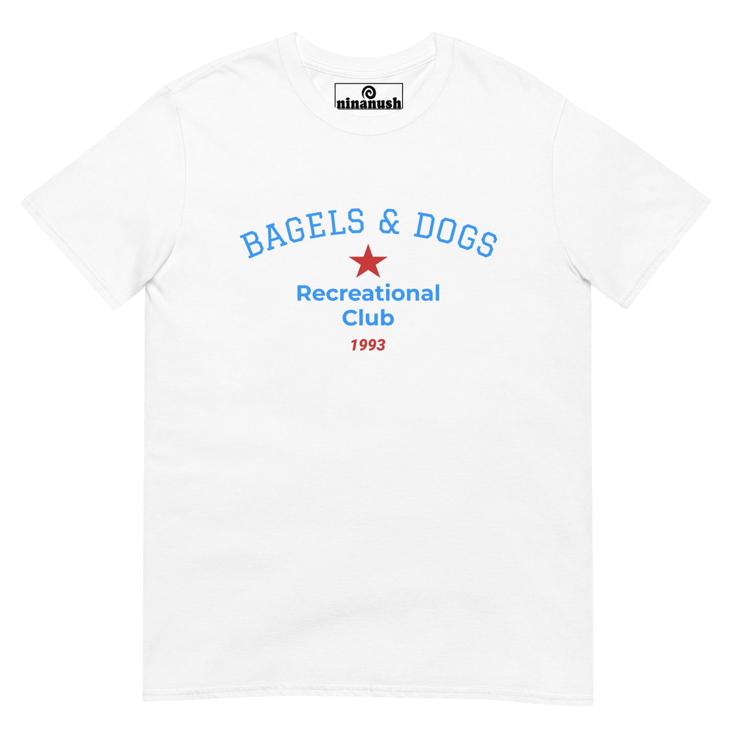 White dog and bagel recreational club t-shirt - This bagels and dogs recreational club t-shirt is a funny and unique shirt for dog and bagel lovers. Our funky dog and bagel t-shirt is comfortable and just a little weird. It's a funny t-shirt for foodies and bagel & puppy enthusiasts. Walk your dog, eat your perfectly toasted bagel, and wear what makes you smile.