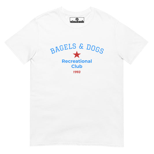 White dog and bagel recreational club t-shirt - This bagels and dogs recreational club t-shirt is a funny and unique shirt for dog and bagel lovers. Our funky dog and bagel t-shirt is comfortable and just a little weird. It's a funny t-shirt for foodies and bagel & puppy enthusiasts. Walk your dog, eat your perfectly toasted bagel, and wear what makes you smile.