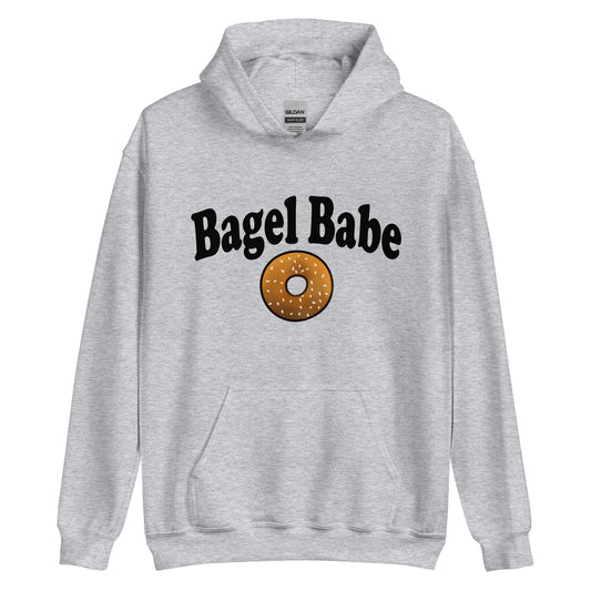 Gray bagel babe hoodie sweatshirt for bagel lovers - The Bagel Babe Hoodie is perfect for foodies and bagel enthusiasts, with its unique design and soft and cozy material. Its funny foodie design is the ideal gift for bagel lovers.  The original design is unique, comes in different colors and made just for you. Eat your bagels in style in a unique bagel hooded sweatshirt. 