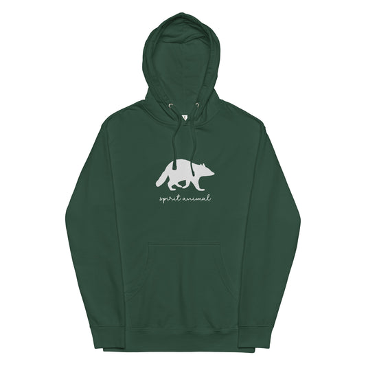 Is your spirit animal a raccoon? This unique raccoon hoodie comes in black, green and navy with a raccoon silhouette, "spirit animal" on the front and "I just really like raccoons" on the label. A unique gift for raccoon lovers. Shop soft and cozy animal lover hoodies, unique graphic tees, vegan foodie hats, & more.