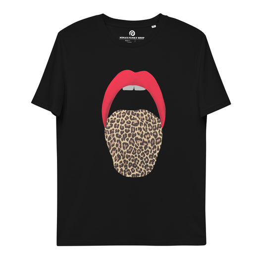 Funky face graphic tee. Red lips and leopard print tongue design on a cute and comfortable, eco friendly graphic t-shirt. This shirt is 100% organic ring-spun cotton with a funky unique design. Shop unique oversized hoodies, funky oversized tshirts, funny foodie beanies, garlic apparel and more. Original and quality.