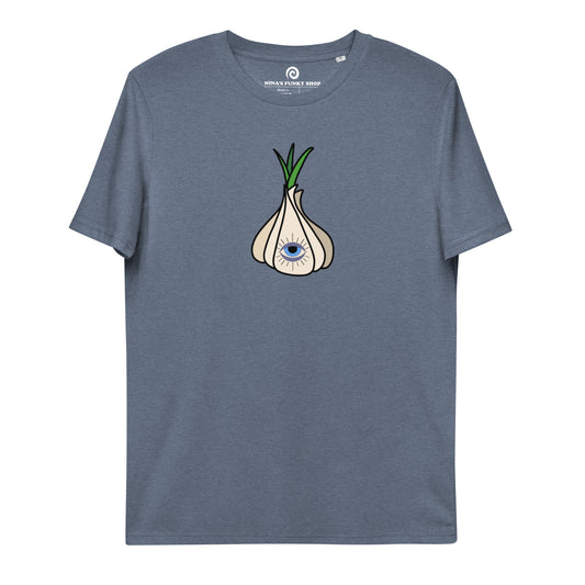 Funky garlic lovers T-shirt. Made from 100% organic cotton, this unisex t-shirt is high-quality, comfy, eco-friendly. We have funky, stylish and unusual T-shirt designs by artists. Only available at Nina's Funky Shop. Shop gifts for garlic lovers, foodies and unique graphic Tshirts. All original funky designs by us.