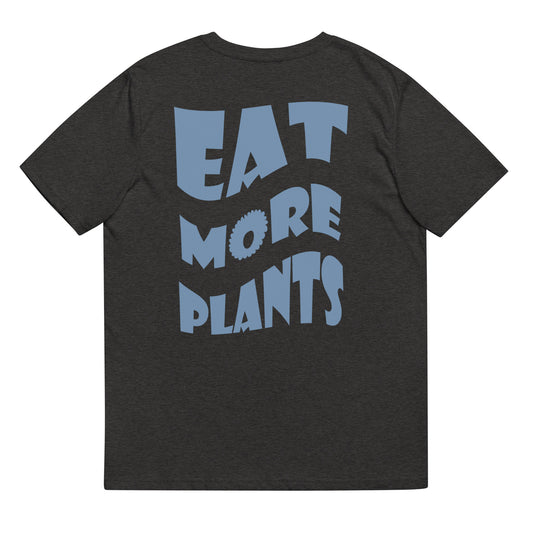 "EAT MORE PLANTS" on the back and a small garlic head on the front. This funky garlic T-shirt is made from 100% organic ring-spun cotton. It's a unisex T-shirt that's vegan, high-quality, comfy, and eco-friendly. Shop unique vegan graphic tees, vegan food beanies, raccoon hoodies and garlic clothing. Unique & original.