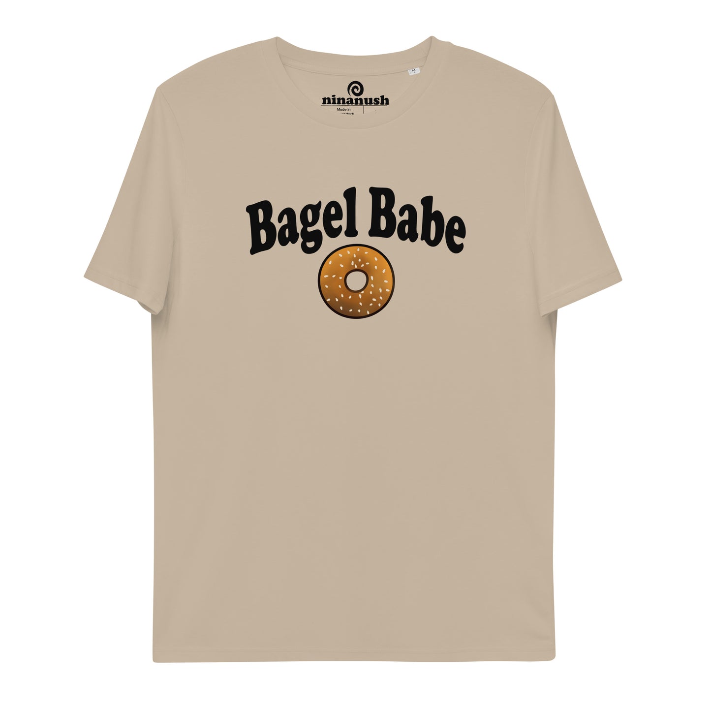 Are you a bagel babe? Do you know any bagel enthusiasts? We have the perfect funny bagel t-shirt for you! It's unique and original design is perfect for all bagel babes and bagel connoisseurs. The eco friendly, vegan bagel shirt is also the perfect gift for all you bagel lovers out there. Eat your next bagel in style in this beige babel babe tshirt. 