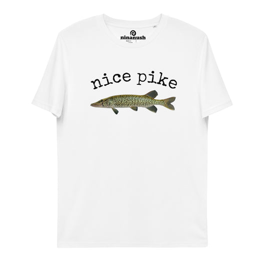 White pike fish shirt - This funny fish lover t-shirt is soft, comfortable and made just for you. It's an eco friendly 100% organic cotton t-shirt with a unique pickerel design. Stand out to other fish enthusiasts and show off your pike fish shirt or give it as a gift for a fellow pike lover. It's a colorful pike fish design on a classic tee.