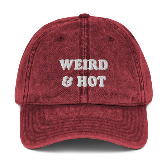 Vintage red dad hat with weird and hot embroidery - A funky weird and hot dad hat that's made just for you. This trendy retro-style dad hat is a must-have for everyday funky street style. Crafted from quality materials and a featuring a classic fit, and vintage aesthetic, this funny dad hat is favorite everyday accessory or a funny gift for your weird and hot friends.