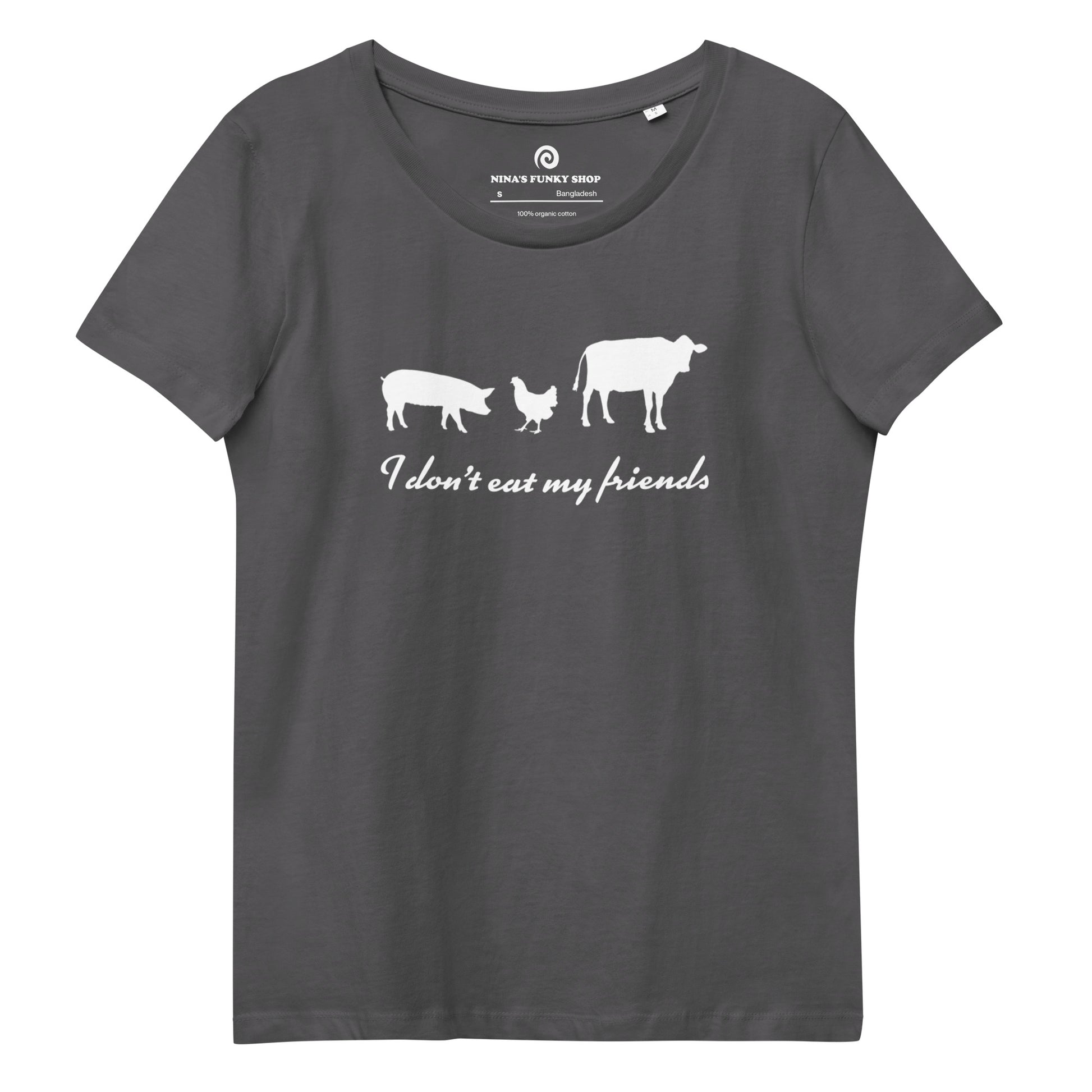 Gray I don't eat my friends t-shirt for ethical vegans - This I don't eat my friends T-shirt for ethical vegans and vegetarians has a meaningful vegan quote and a cow, chicken and pig. It's a fitted vegan t-shirt made of 100% organic ring-spun combed cotton. A unique gift for ethical vegans. Our vegan graphic t-shirts, hoodies and hats are just what every animal activist needs.