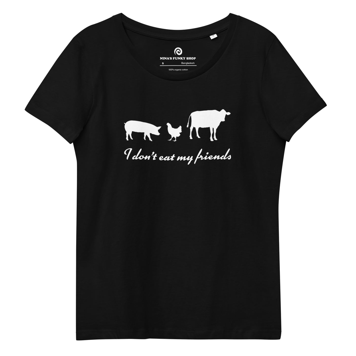 Black vegan for the animals t-shirt - This I don't eat my friends T-shirt for ethical vegans and vegetarians has a meaningful vegan quote and a cow, chicken and pig. It's a fitted vegan t-shirt made of 100% organic ring-spun combed cotton. A unique gift for ethical vegans. Our vegan graphic t-shirts, hoodies and hats are just what every animal activist needs.